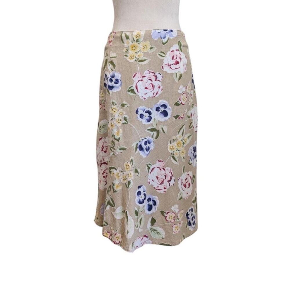 Vintage Y2K Floral Midi Skirt 6 Tan Linen Rayon Boho Fairycore Cottagecore